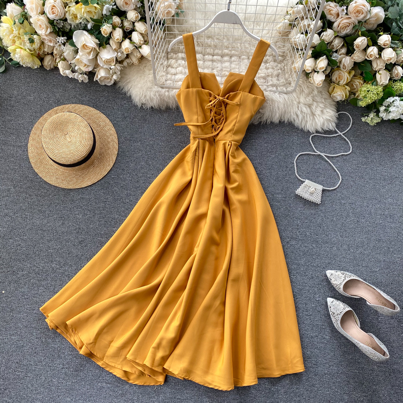 New Women V-neck Party Dress Summer Retro Solid Color High Waist Long Robe Ladies Slim Backless Bodycon Dress Vestidos 210309