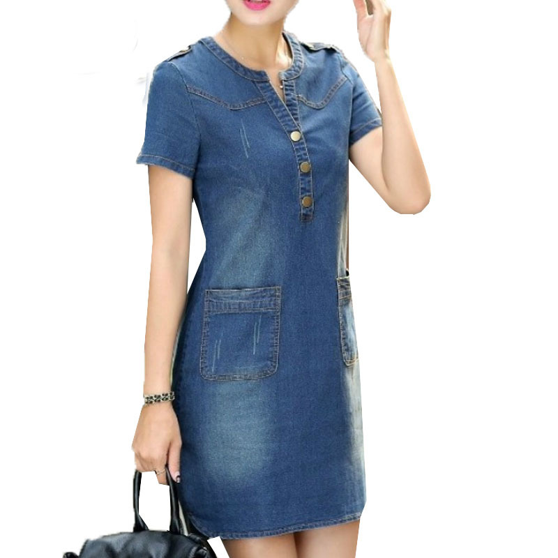 Jean Dress Plus Sizes V-neck Solid Denim Dresses Summer Women Denim Sundresses Short Sleeves Loose Dresses Clothing 176A 25 210309