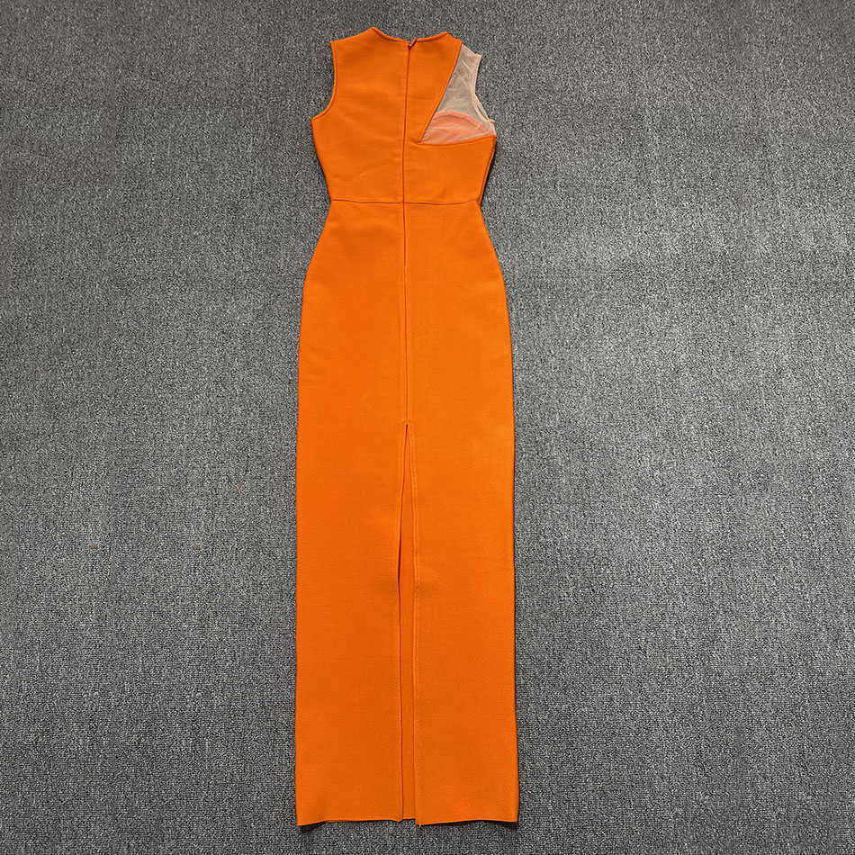 Summer Fashion Elegant Woman Bandage Dress Sexy Round Neck Sleeveless Tights Orange Long Celebrity Party 210525