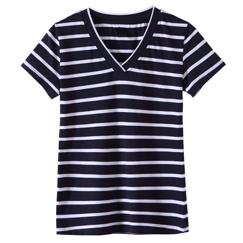 Women's T-Shirt 2021 Summer Short-sleeved Striped Shirt Ladies Slim V-neck Stitching Cotton Large Size Bottoming, Royal blue
Women's T-Shirt 2021 Summer Short-sleeved Striped Shirt Ladies Slim V-neck Stitching Cotton Large Size Bottoming, Royal blue