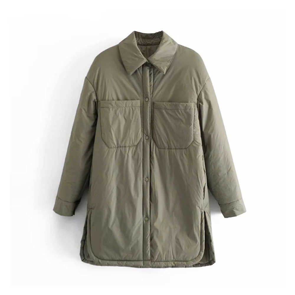 Winter Fashion Arrival Turn Down Collar Long Sleeve Shirt Coats Black Green Women Parkas With Pockets Mujer Solid Jackets 211013