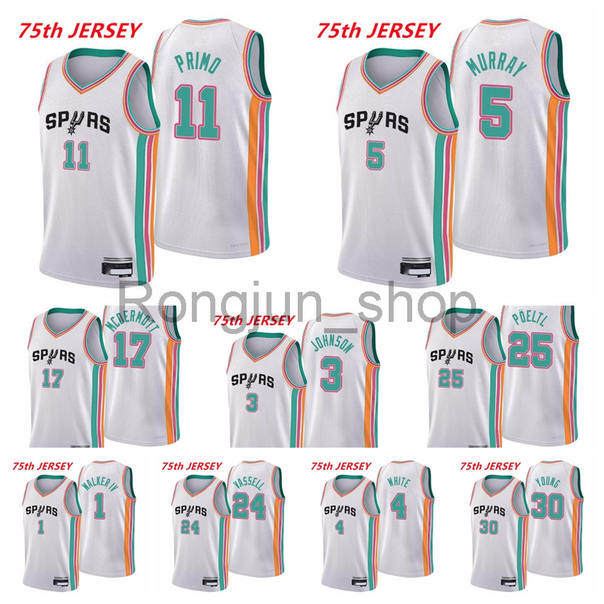 2021-22 75th Anniversary Printed Mens Basketball Joshua Primo Dejounte Murray Keldon Johnson Jakob Poeltl Devin Vassell Walker IV White Jerseys
2021-22 75th Anniversary Printed Mens Basketball Joshua Primo Dejounte Murray Keldon Johnson Jakob Poeltl Devin Vassell Walker IV White Jerseys