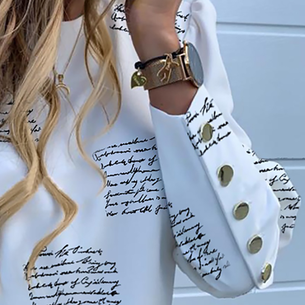 Women Printed Metal Button Detail Blouse Autumn Office Lady Casual Round Neck Solid Long Sleeve Shirt Elegant Tops Pullover D30 210225