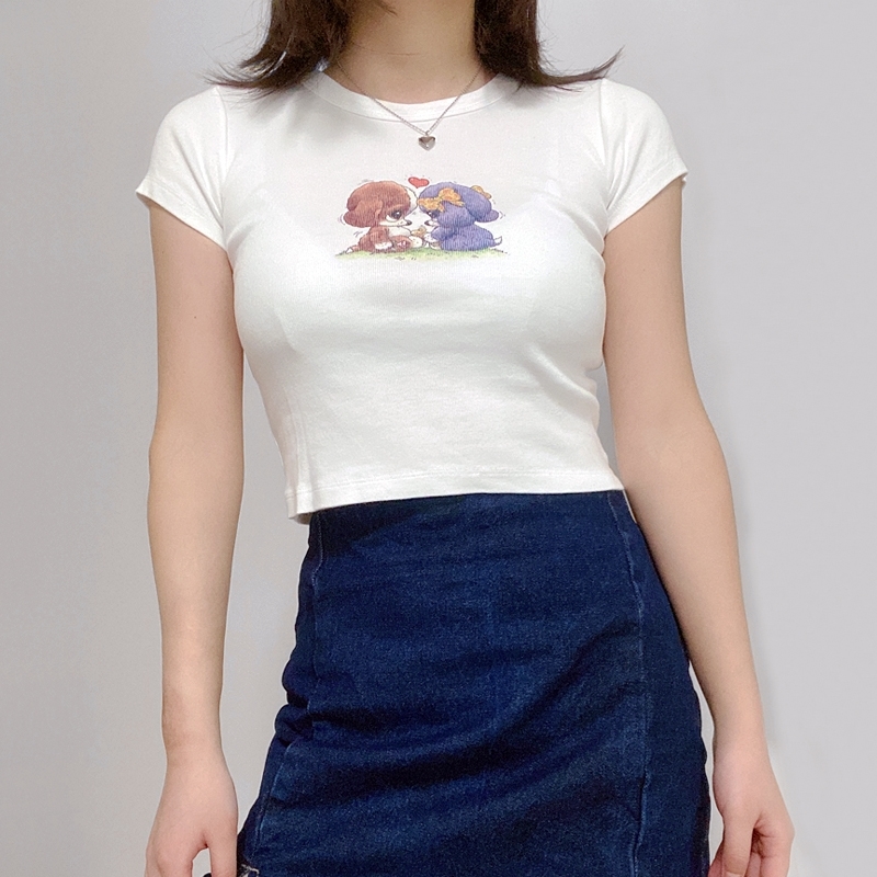 Women Cartoon Puppy Print Crop Tee Short Sleeved Fit Crop T-shirt 210306