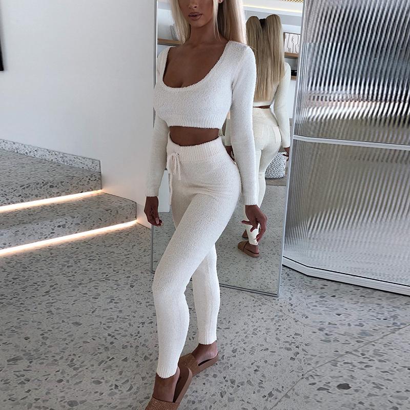 Casual Plush Fluffy Fleece Knitted Sweater 2 Piece Set Women Cozy Sexy O Neck Crop Top Fall Winter Clothes Women Tracksuit