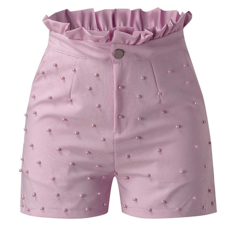 Fashion Solid Color High Waist Button Ruffled Beaded Summer Women Shorts 210714