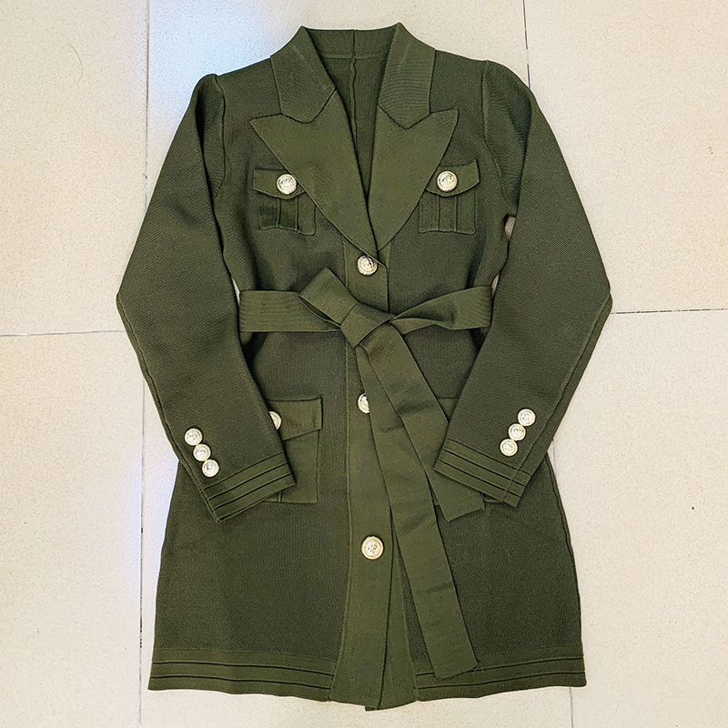 Premium Top Quality Original Design Women's Metal Buckle Trench Coats Long Coat Knitted Sash Waistband Cardigan Overcoat Blazer Jacket