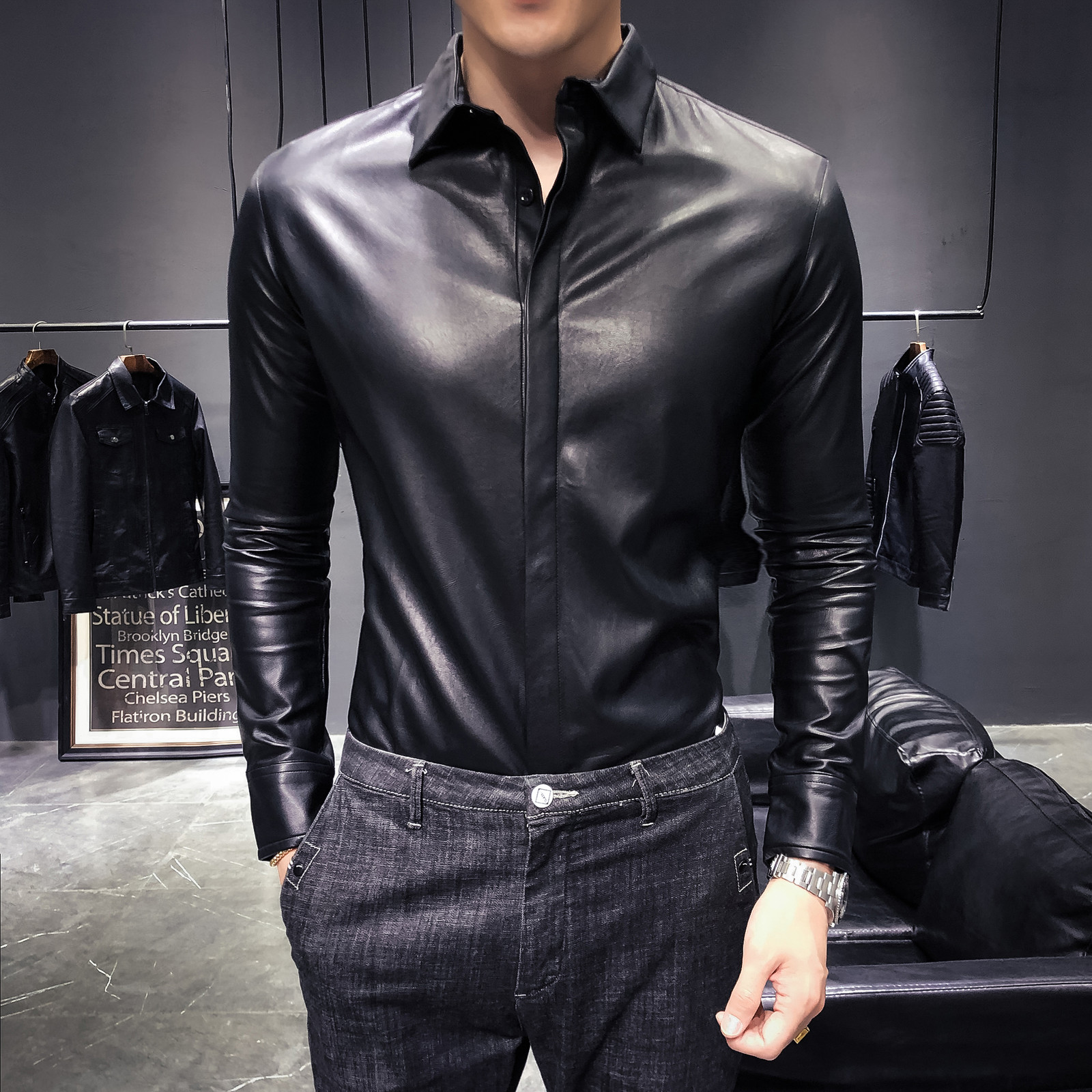 Western Shirts Urban Black Men Sexy Anti-social Cowboy Thin Outfits Fitting the Leather of Men's Plutonium Korean 48dk