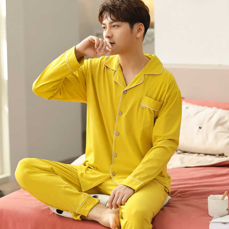 Autumn Fashion Cotton Turn-down Collar Men Sleepwear Long Sleeve Leisure Solid Cartoon Print Warm Masculino Pajamas Set 211014