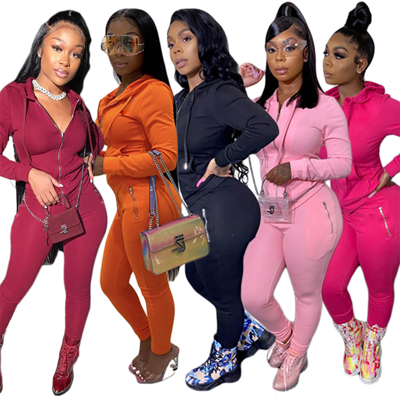 HAOYUAN Sexy Two Piece Set Jumpsuit Long Sleeve Hoodies Top+Zip Pocket Pants Suit Tracksuit Fall Women Clothing Matching Outfits 201007