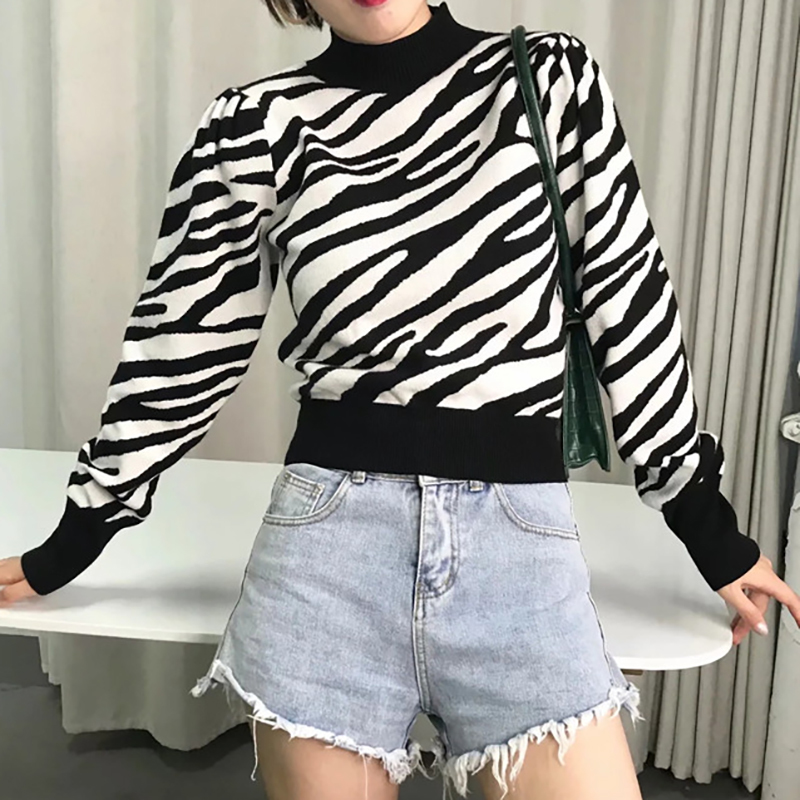 autumn casual zebra print long puff sleeve women knitted pullover chic lady fashion turtleneck animal print sweater women's tops 210218