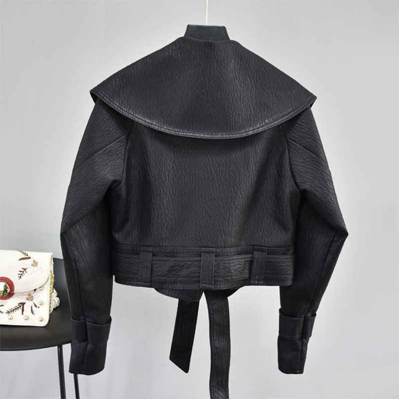 FTLZZ Autumn Women Pu Leather Jackets Short Coat Turndown Collar Belt Lace-up Motorcycle Black Punk Red Overcoat Female Outwear 210909