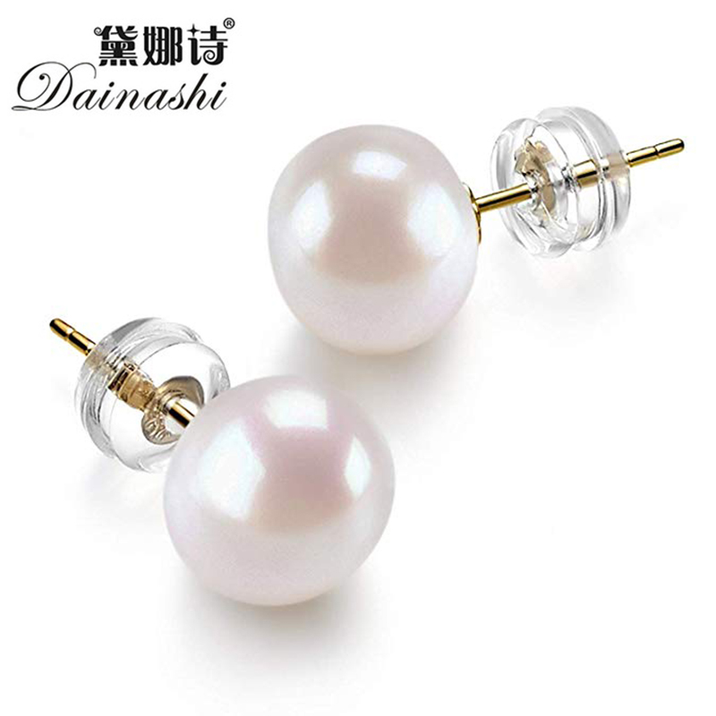 Cultured Pearl Stud Earrings Dainashi High Quality 925Silver Gold Color 8-9mm Bread Round Freshwater For Women Birthday Gift