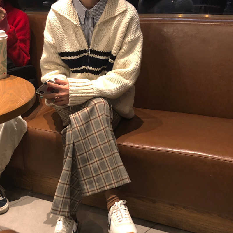 2 Colors autumn and winter korean style turn down collar stripe zipper thick knittd cardigans womens sweaters womens(C8540) 210918