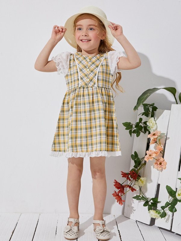 Toddler Girls Plaid Puff Sleeve Smock Dress SHE