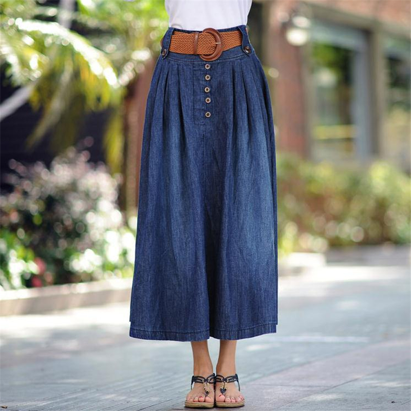Merry Pretty Women Sashes Denim Pleated Autumn Elasticity Waist Long Jeans Casual Solid Midcalf Skirt 210309