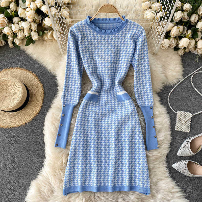 LY VAREY LIN Autumn Winter Women Sweet Ruched Slim Medium Long Knitted Dress Outer Wear Base Sweater Plaid 210526, Blue
LY VAREY LIN Autumn Winter Women Sweet Ruched Slim Medium Long Knitted Dress Outer Wear Base Sweater Plaid 210526, Blue
