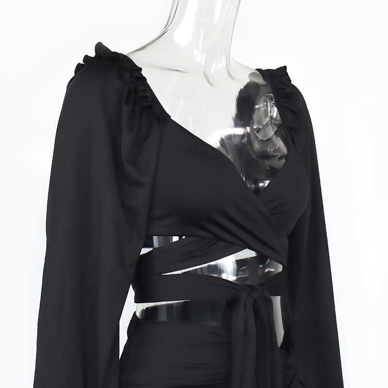 Colysmo Autumn Two Piece Set Women Long Lantern Sleeve Sexy Low Out Tie Up Crop Top Split Skirts 2 Clothes 210527