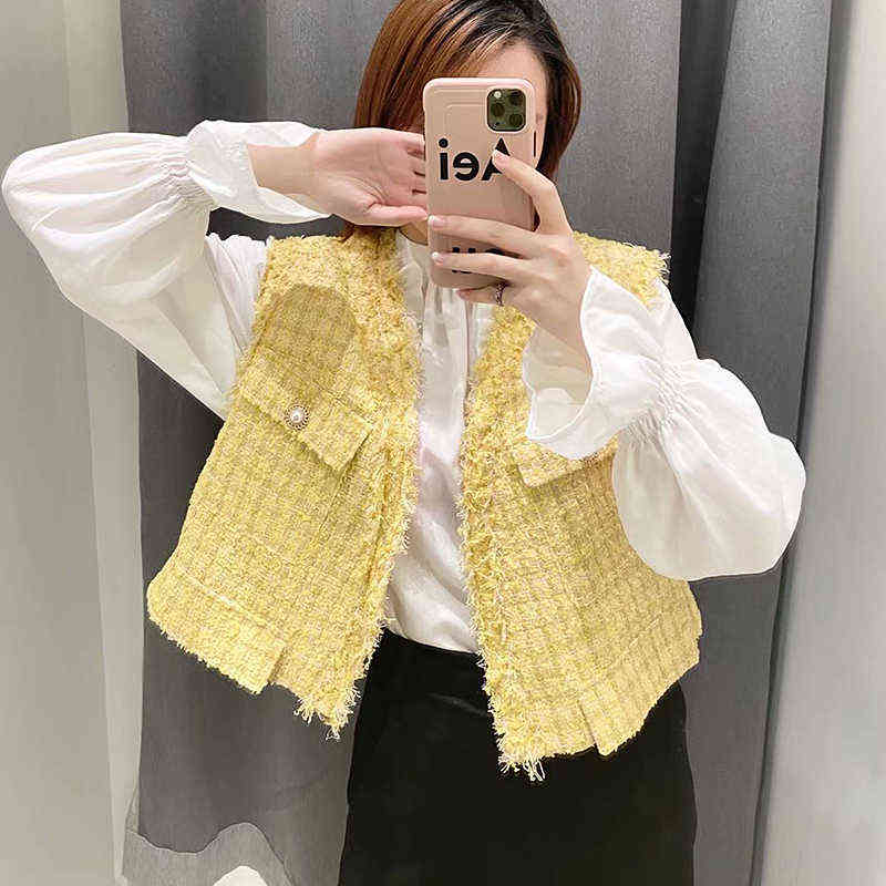 Women Sweet Fashion Yellow Plaid Tweed Tassel Frayed Waistcoat Vintage V Neck Sleeveless Female Vest Outerwear Chic Tops 211120