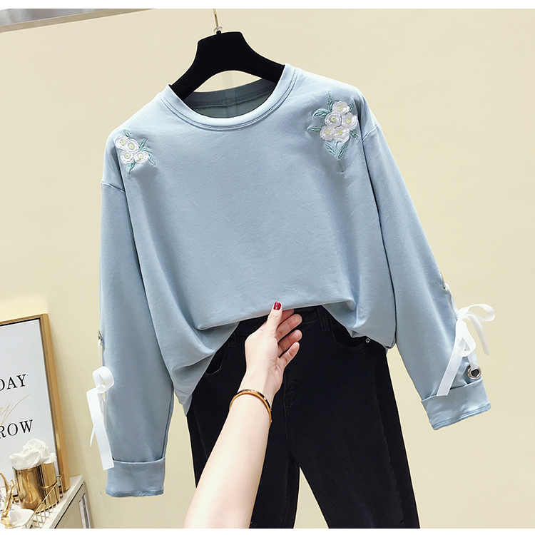New hoodies sweet fresh and simple wild flowers embroidered cuffs long-sleeved women's sweatershirt pullover 201102