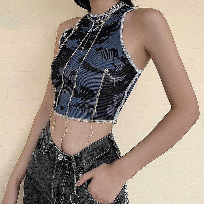 Bodycon Tie-dye casual tank top female Gothic street Patchwork camisole summer club sleeveless knitting crop tops femme 210607