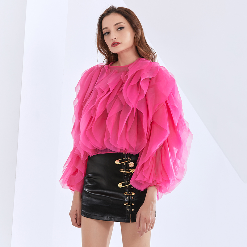 TWOTWINSTYLE Patchwork Ruched Shirt For Women O Neck Lantern Sleeve Casual Elegant Black Blouse Female Fashion New Clothing 210225