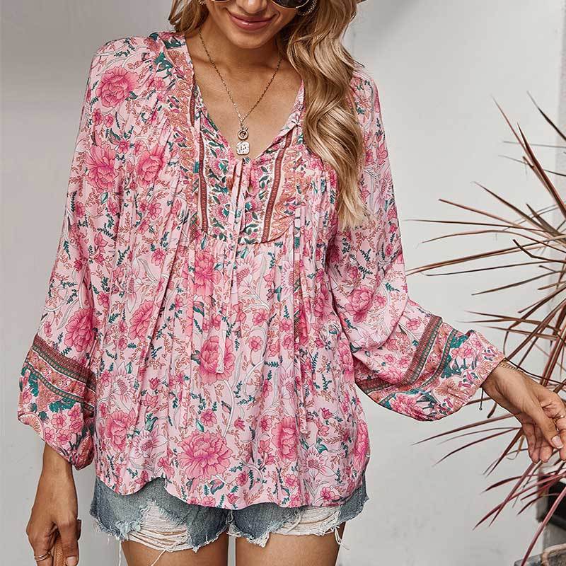 BOHO INSPIRED Long Sleeve Women Blouse Shirt Floral Print Boho Shirts Tops Tie V-Neck Pink women Tops rayon spring summer blouse 210225