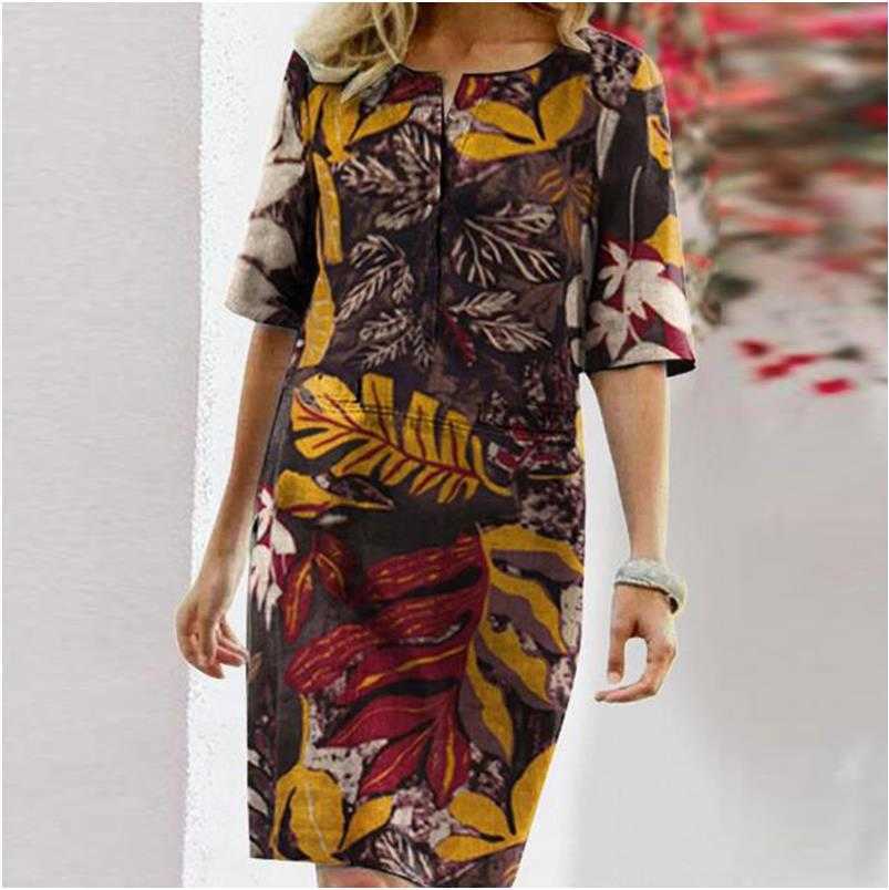 Autumn Cotton Linen Dress Spring Button O-Neck Printing Knee Party Dress Women Long Sleeve Dresses Plus Size 4XL 210630