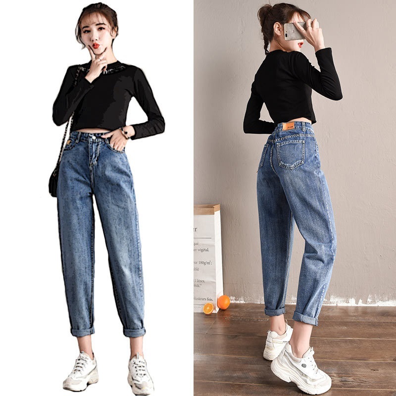 Black Jeans High Waist Loose Denim Harem Pants Wide Leg Ankle-Length Pants cargo pants women Mom Baggy Jeans Fall Women 210302
