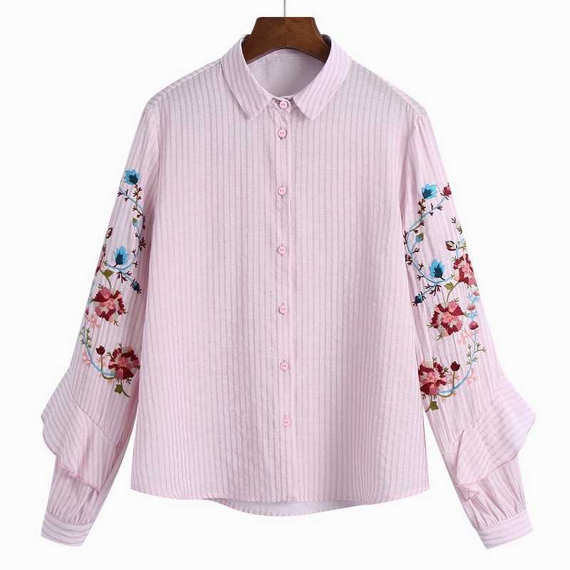 Women Ruffled Shirt Spring Fashion Long Sleeve Floral Embroidery Preppy Girl Striped Blouse 210602