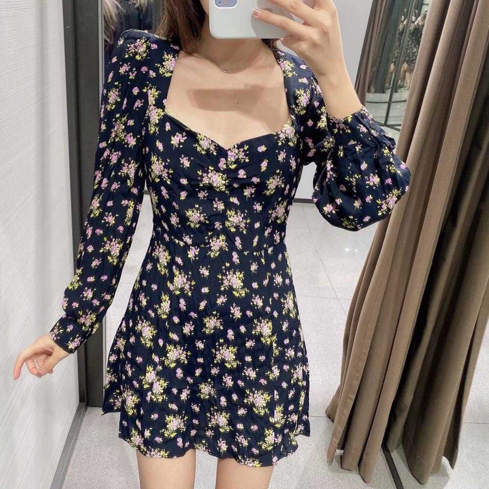 ZEVITY Women Vintage Pleats Square Collar Floral Print Side Zipper dress Ladies Puff Sleeve Business Vestido Chic Dresses DS4519 210603