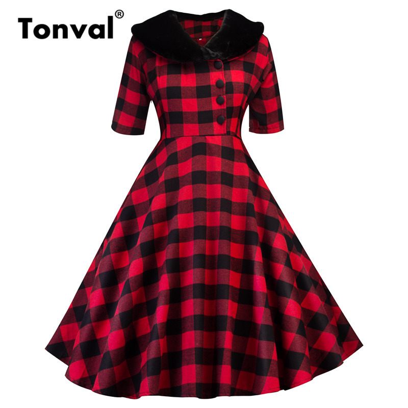 Tonval Fur Collar Winter Green Gingham Vintage Dress Women Button Up Half Sleeve Autumn Elegant Plaid Retro A Line Dresses 201008