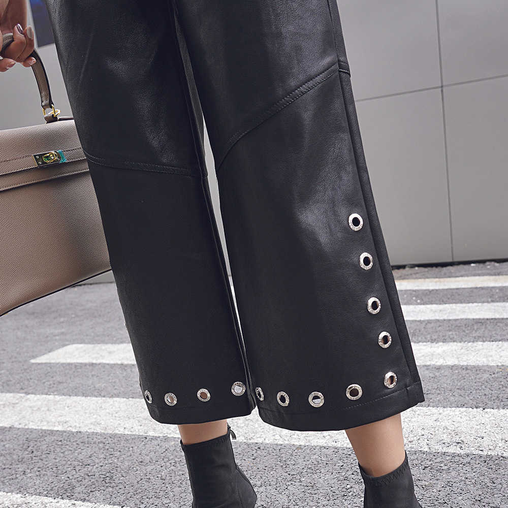 British Style Women's PU Leather Pants Mid-Waist Cropped Casual Straight Wide Leg Trouser Motorcycle Plus 210601