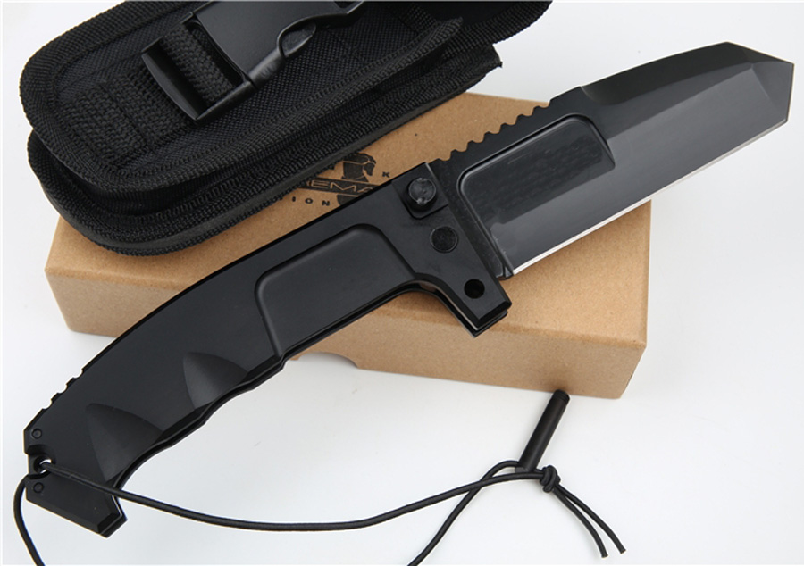 High Quality ER Strong Survival Tactical Folding 440C Titanium Coated Tanto Point Knife 6061-T6 Handle With Nylon Sheath And Retail Box Pack