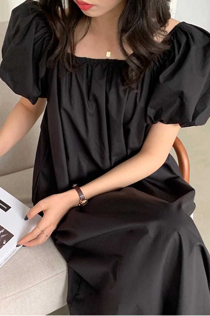 Korejpaa Women Dress Summer Korean Chic Square Neck Open Back Pleated Loose and Versatile Bubble Sleeve Dress Long Vestido 210526