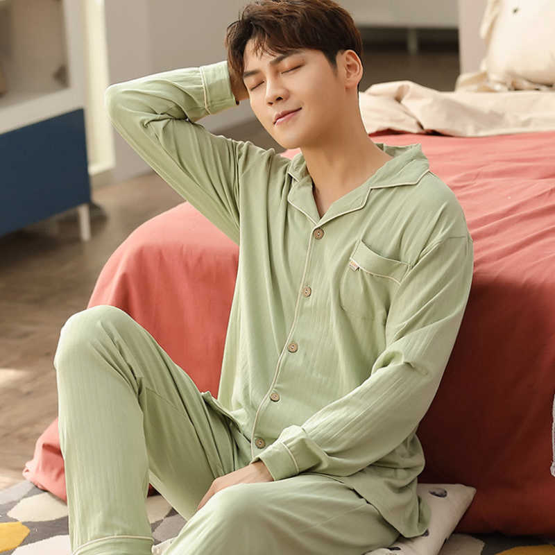 Autumn Fashion Cotton Turn-down Collar Men Sleepwear Long Sleeve Leisure Solid Cartoon Print Warm Masculino Pajamas Set 211014