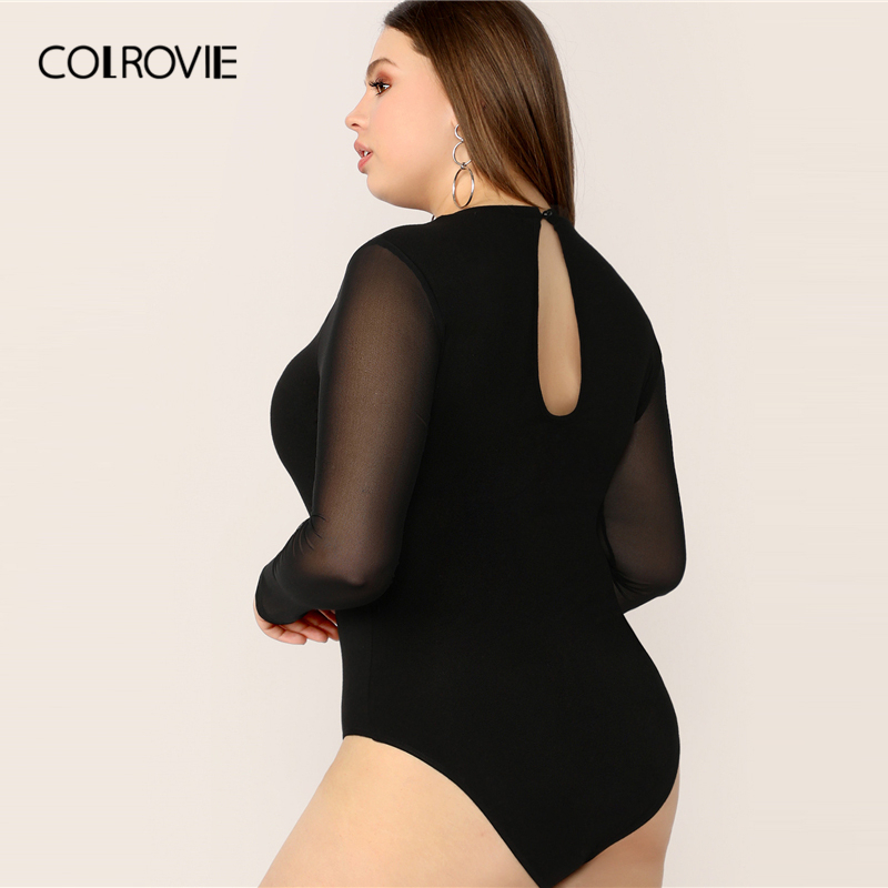 COLROVIE Plus Black Sheer Yoke Keyhole Back Sweetheart Bodysuit Women Solid Bodysuit Fall Sexy Elegant Skinny Bodysuits 201007