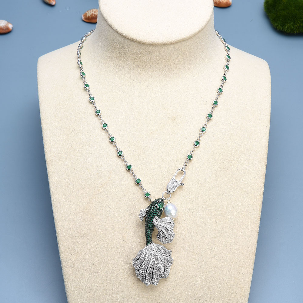 GuaiGuai Jewelry Natural White Keshi Pearl Green Zirconia Micro CZ Pave Fish Chain Necklace Brooch Pendant Charms For Women Girls
GuaiGuai Jewelry Natural White Keshi Pearl Green Zirconia Micro CZ Pave Fish Chain Necklace Brooch Pendant Charms For Women Girls