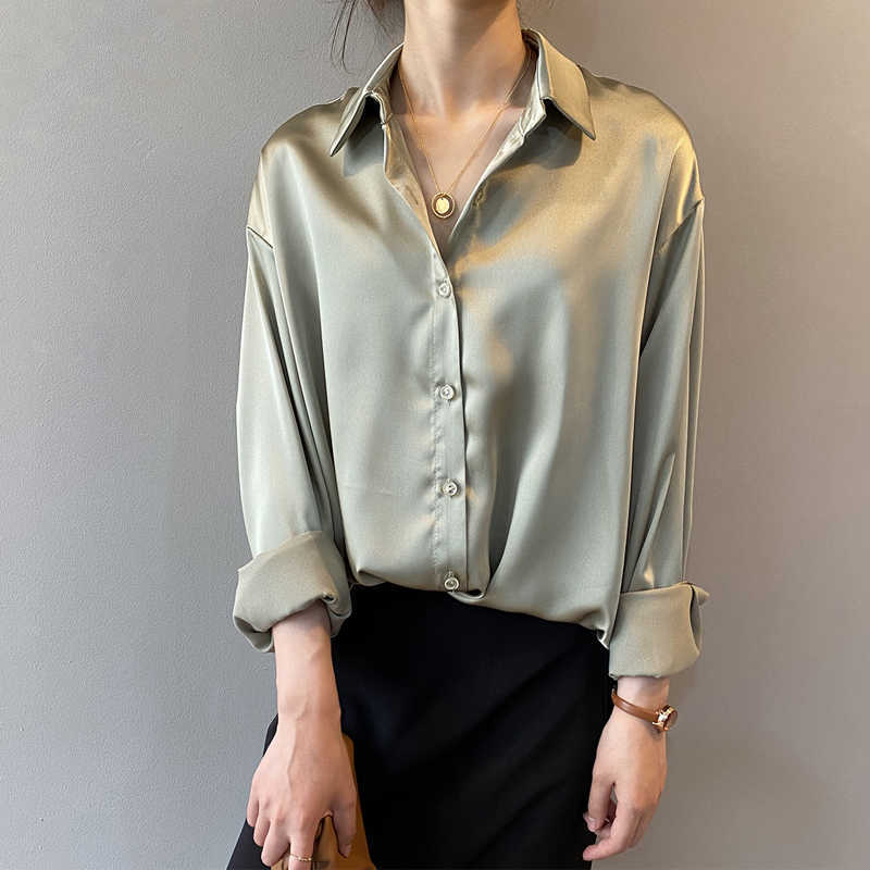 Spring Satin Silk Shirt Women Vintage Fashion Turn Down Collar Button Up Blouse White Lady Long Sleeve Femme Loose Street Shirts 210526