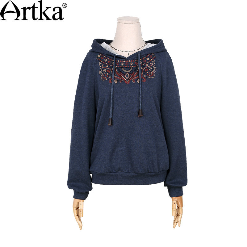 ARTKA Women's Autumn New Solid Color Ethnic Embroidery Hoodie Vintage Hooded Long Sleeve All-match Comfy Hoodie VA10071C 201028