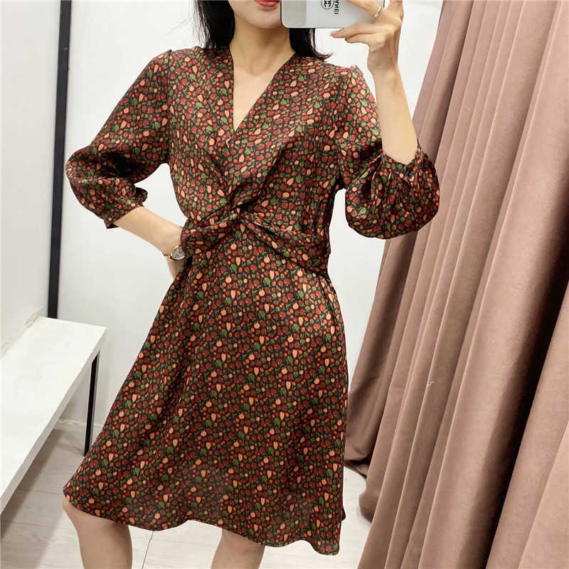 Vintage Women Elegant Geometry Print Dresses Fashion Ladies V-Neck Draped Dress Streetwear Female Chic Vestidos 210527