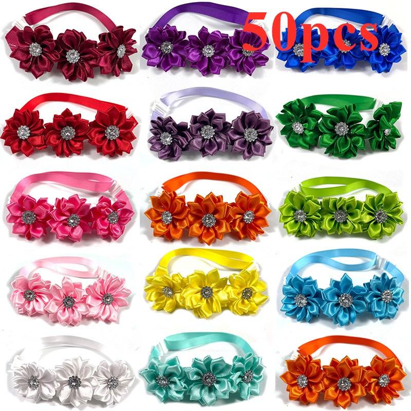 50/100pcs Pet Dog Bow Ties Flowers Collar with Shiny Rhinestones Bright Color Small Middle Neckties Pet Supplies Dog Accessories