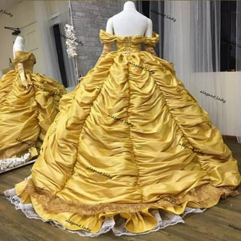 Gorgeous Yellow Quinceanera Dresses Off The Shoulder Princess Taffeta gothic lace-up Ball Gown Ruffles Skirt Sweet 16 Prom Dress