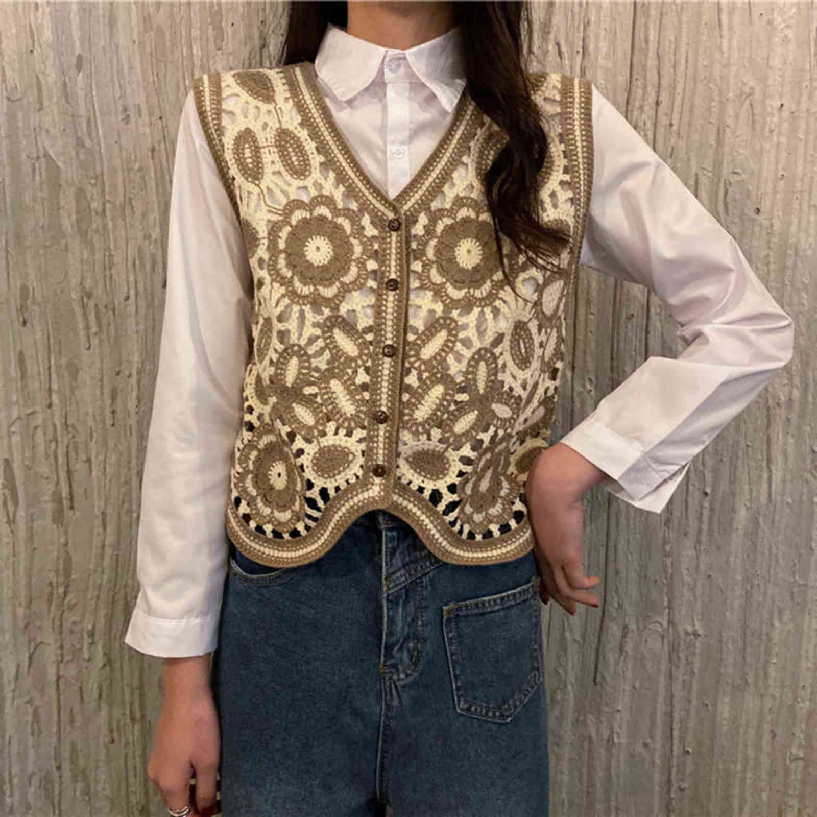 Floral Crochet Knitted Vest Women Summer Autumn Womens Retro Sleeveless Jacket Cardigan Boho Bohemian Embroidery Waistcoat 211120