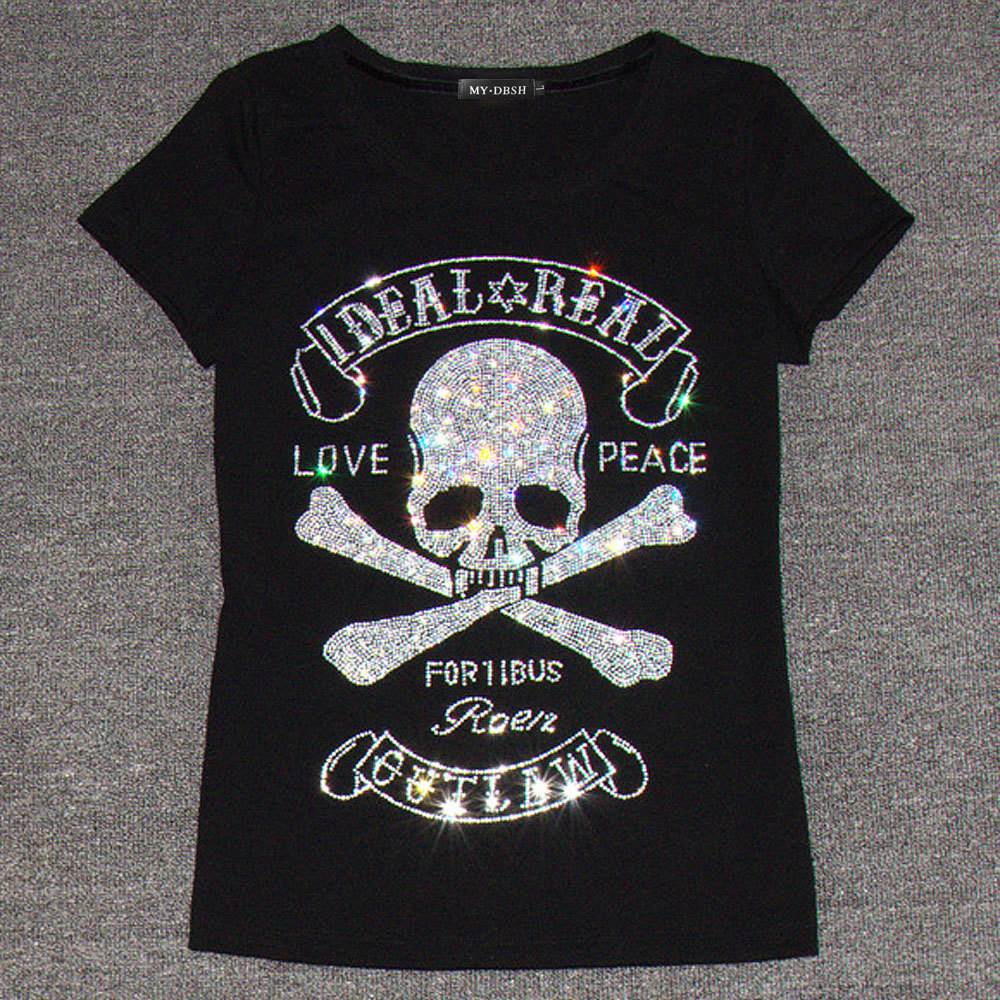 New Summer Women's Skulls Rhinestones t shirt Hip Hop Rock Hipster t-shirt High Quality Diamonds Print White Black Fashion Tops 210306