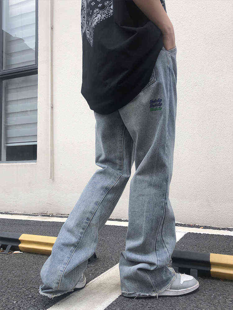 shec Embroidered Raw Edge Flare Jeans Men/Women High Waist Letter Pants Streetwear Hip Hop Wide Leg Denim Flared 211111