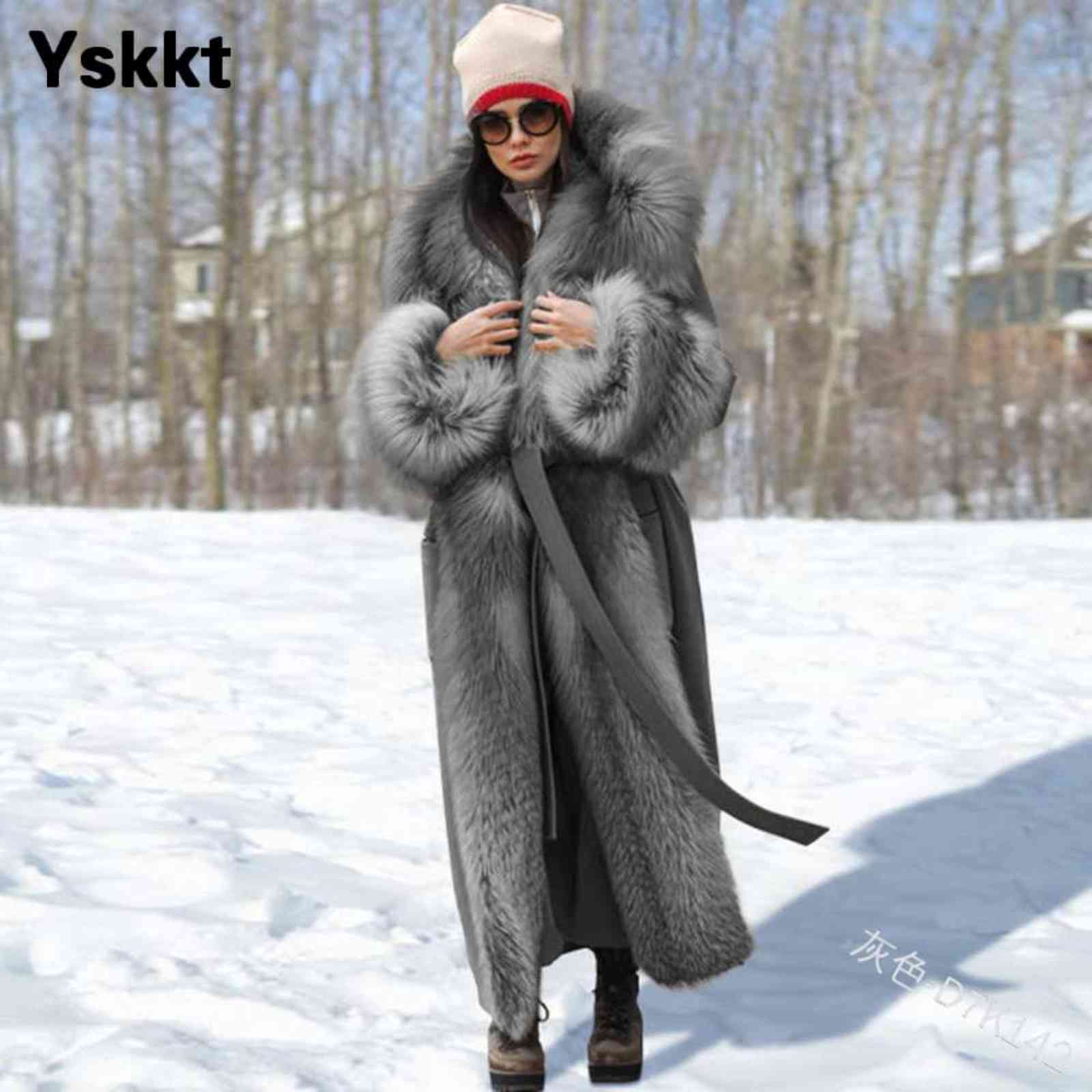 Winter Women Faux Fur Coat Long Solid Color Trim s Belt ry Womens Warm Jackets Sleeve Elegant Lady Fashion 211119