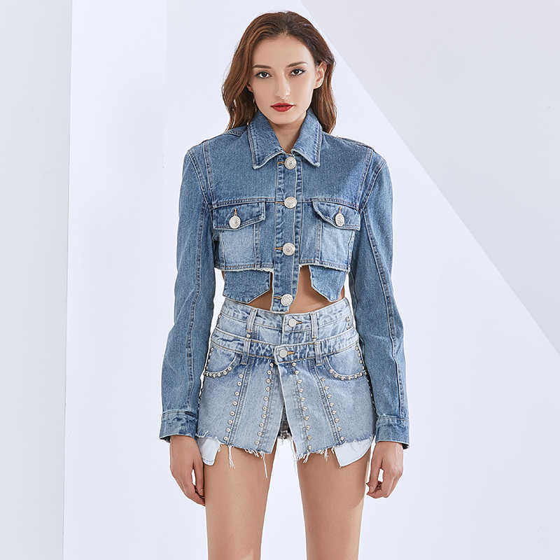 TWOTWINSTYLE Patchwork Rivet Tassel Denim Shorts For Women High Waist Sexy Wide Leg Fashion Clothing Summer 210724