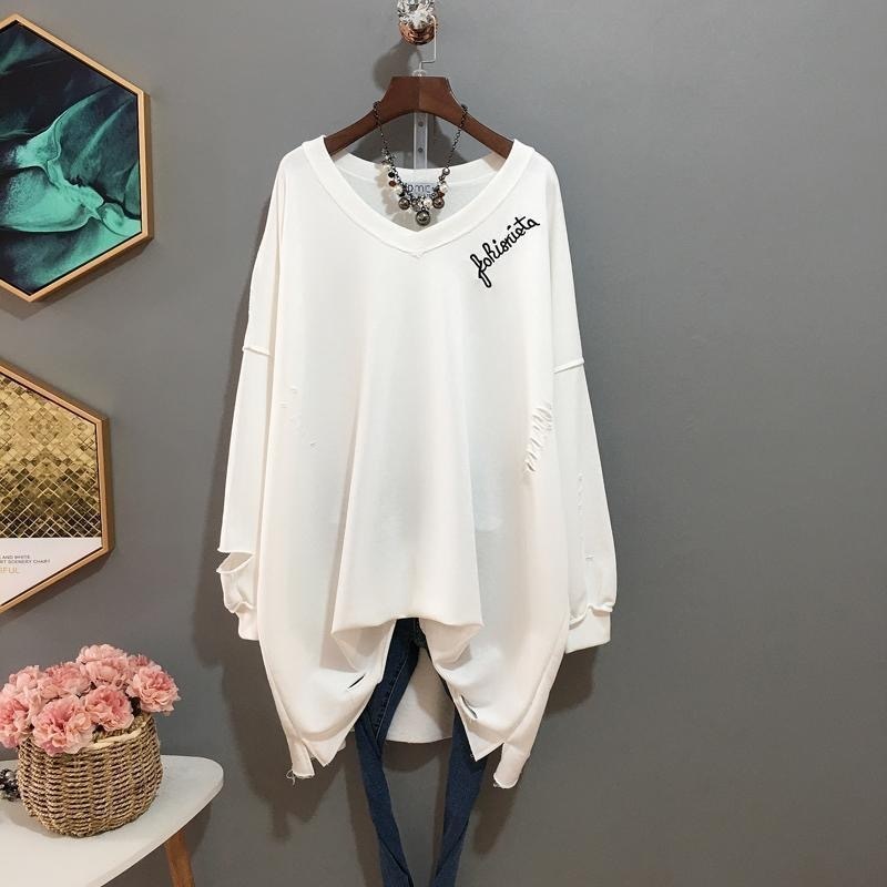 BF Style Women Oversized V Neck Long Sleeve Hole Letter Embroidery Sweatshirt Women Clothing 201216