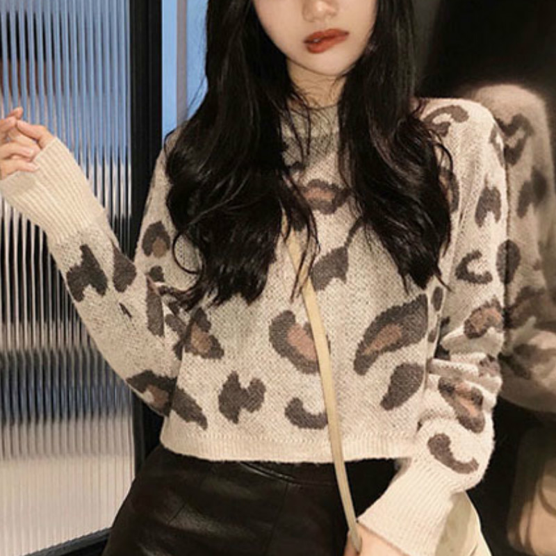 Women Cropped Sweater Vintage Argyle Pattern Pullover Knitted Top Sweet Print O-neck Long Sleeve 90s Autumn Winter Sweater Woman 210218